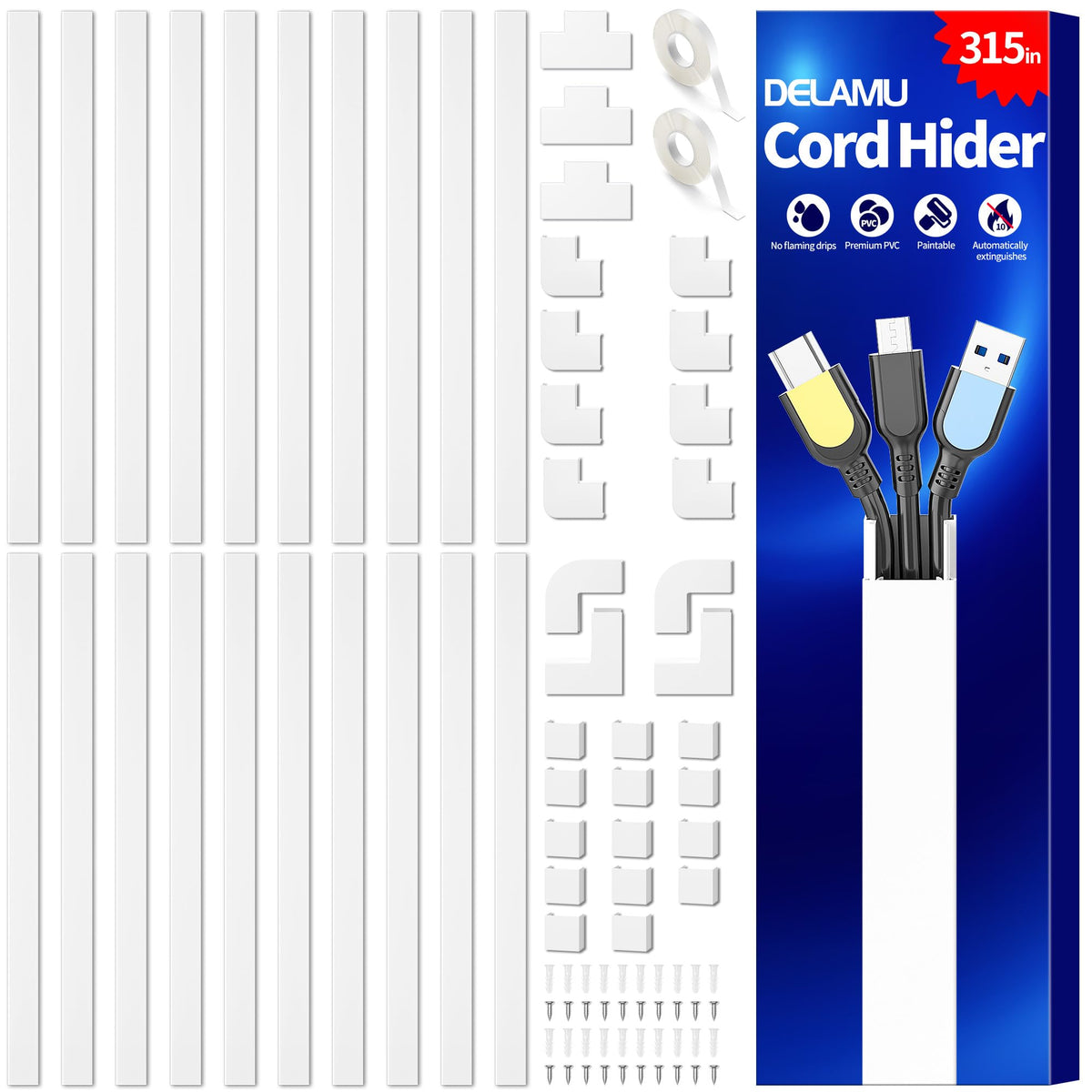 Delamu Paintable Cord Cover Raceway Kit for Cable Management