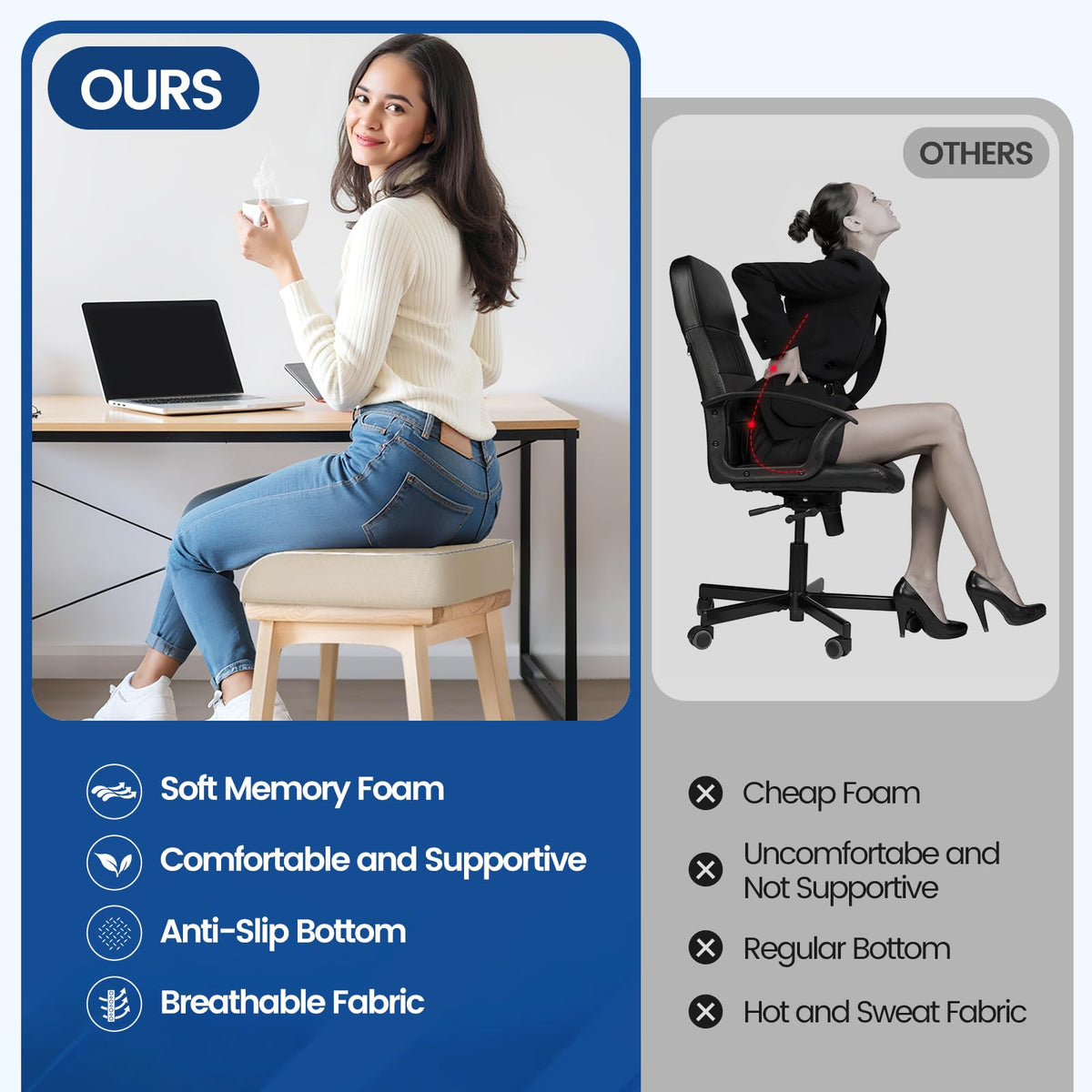 SweetSlubr Memory Foam Seat Cushion for Tailbone Relief Office Chair