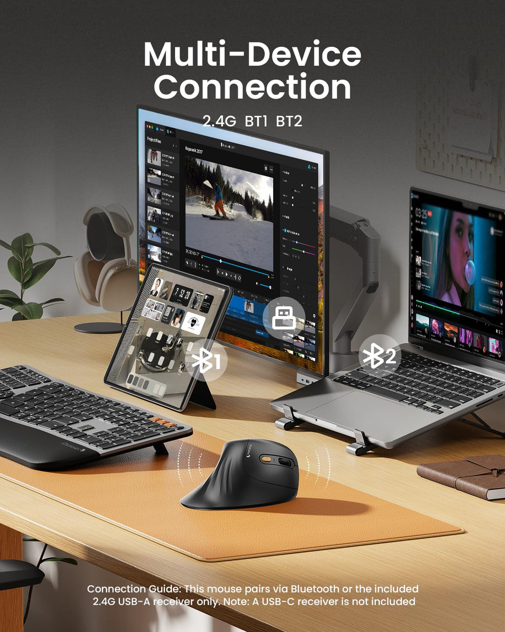 ProtoArc Vertical Mouse, EM11 NL Wireless Ergonomic Mouse, Rechargeable Optical Mice with Multi-Device (Bluetooth + Bluetooth + USB Connection), 3 Adjustable DPI for Computer, iPad, Mac, Windows