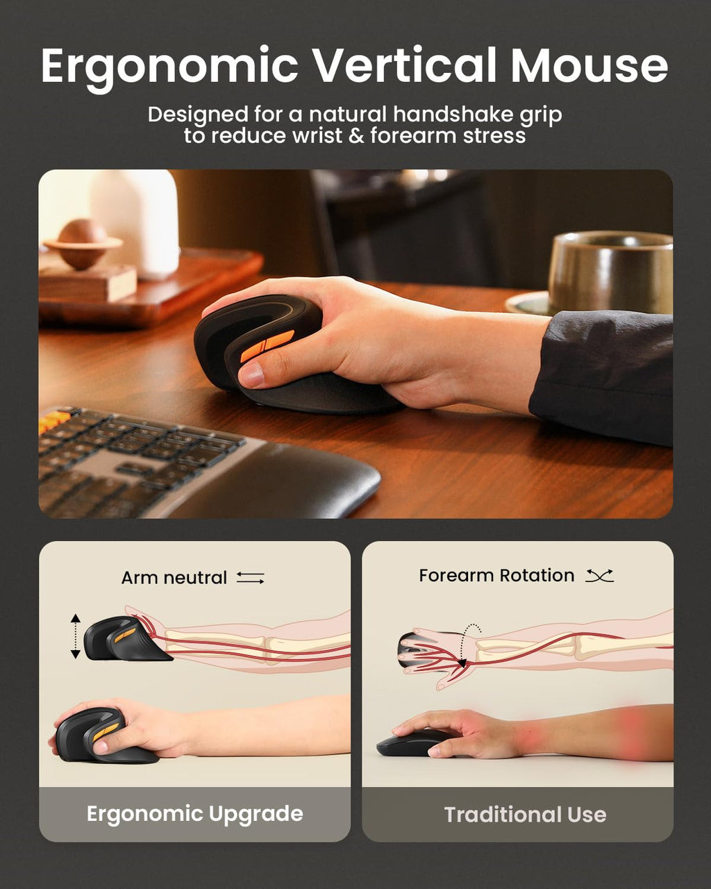 ProtoArc Vertical Mouse, EM11 NL Wireless Ergonomic Mouse, Rechargeable Optical Mice with Multi-Device (Bluetooth + Bluetooth + USB Connection), 3 Adjustable DPI for Computer, iPad, Mac, Windows