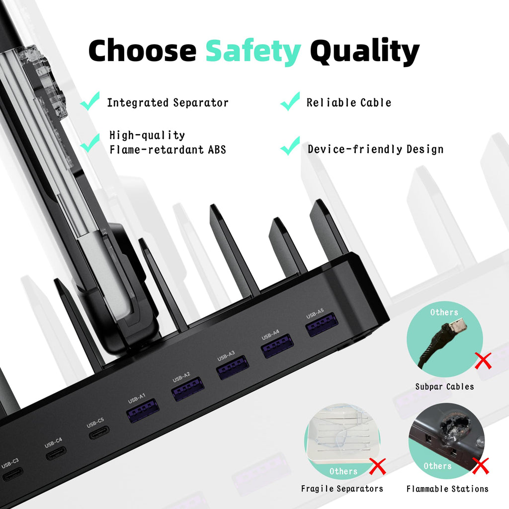320W Charging Station for Multiple Devices, Zobirez 10-Port USB C Fast Charger Stations for MacBook, iPhone, Android Cell Phone, iPad, Tablet Family Multi-Device Organizer Charging Dock