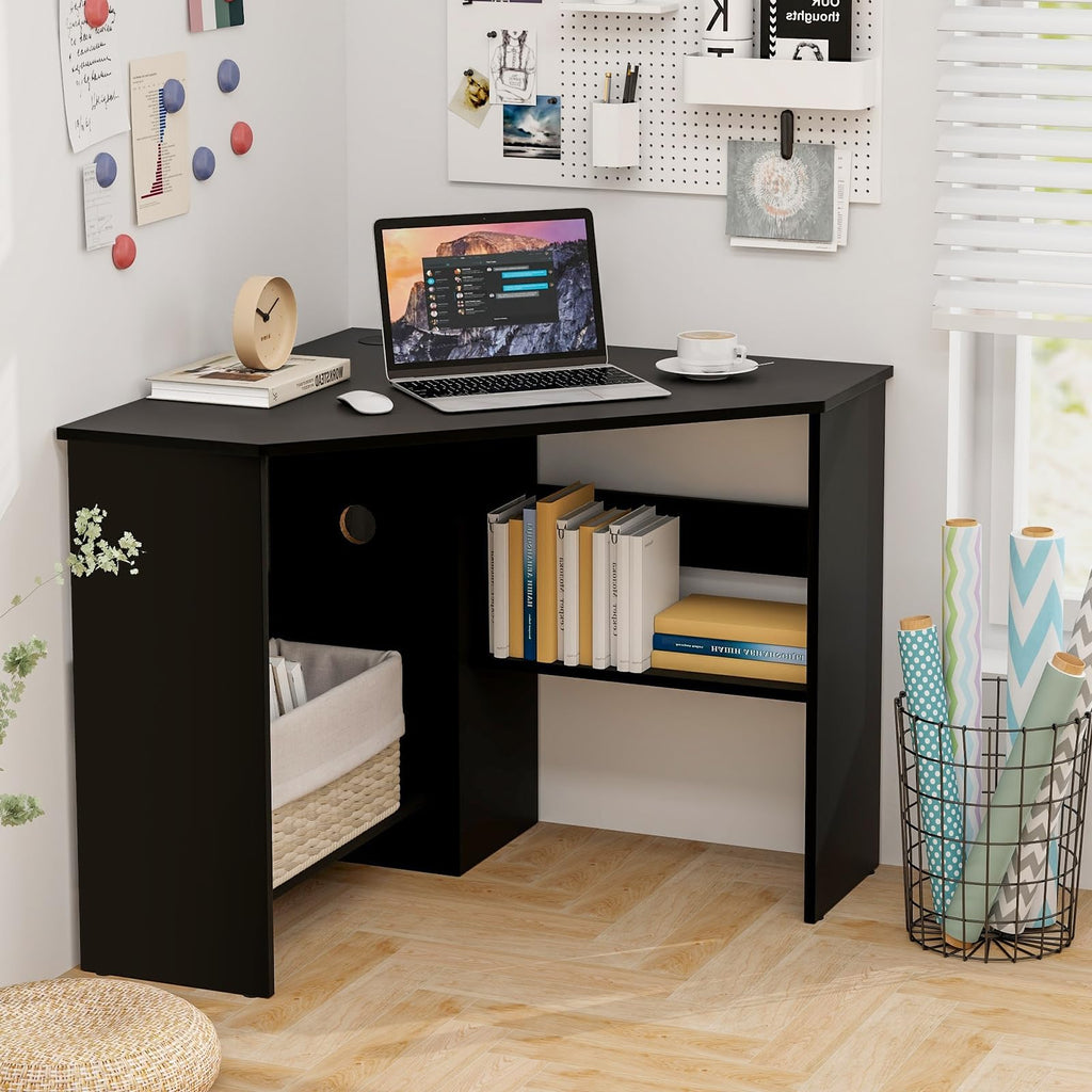 Tangkula Compact Corner Desk, Space Saving Wall Corner Study Desk w/Bookshelves, Cable Hole, Host Storage Shelf, 90° Triangle Writing Workstation for Limited Space