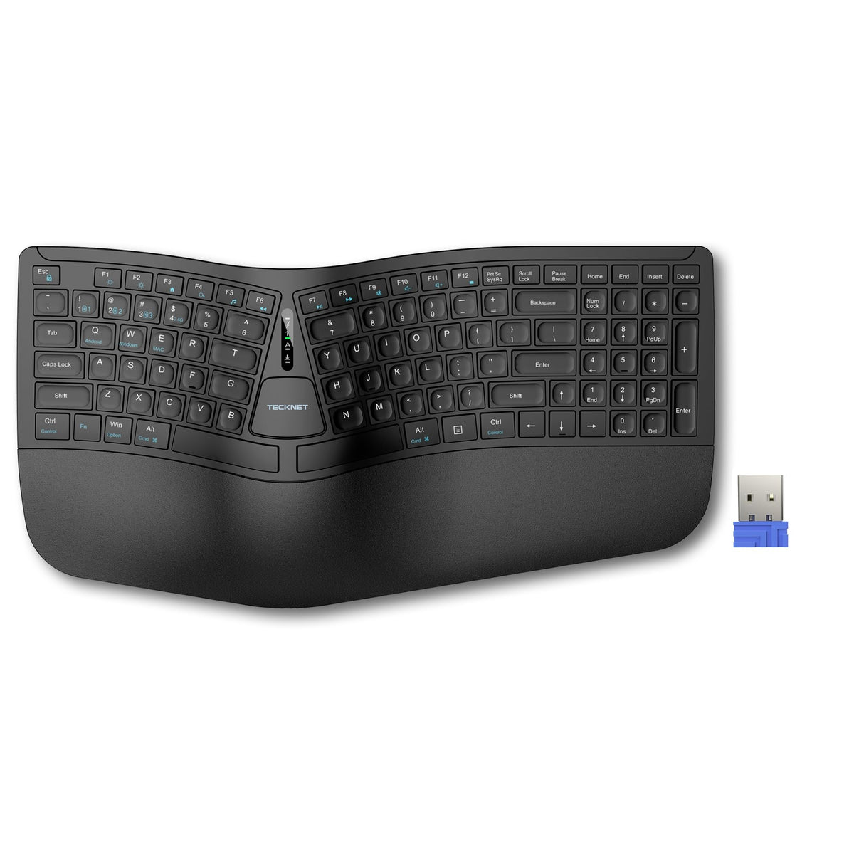 TECKNET Wireless Ergonomic Keyboard Rechargeable, 2.4G+Bluetooth Ergo Cordless USB Computer Keyboard, Wrist Rest, Natural Typing, Stain-Resistant Fabric