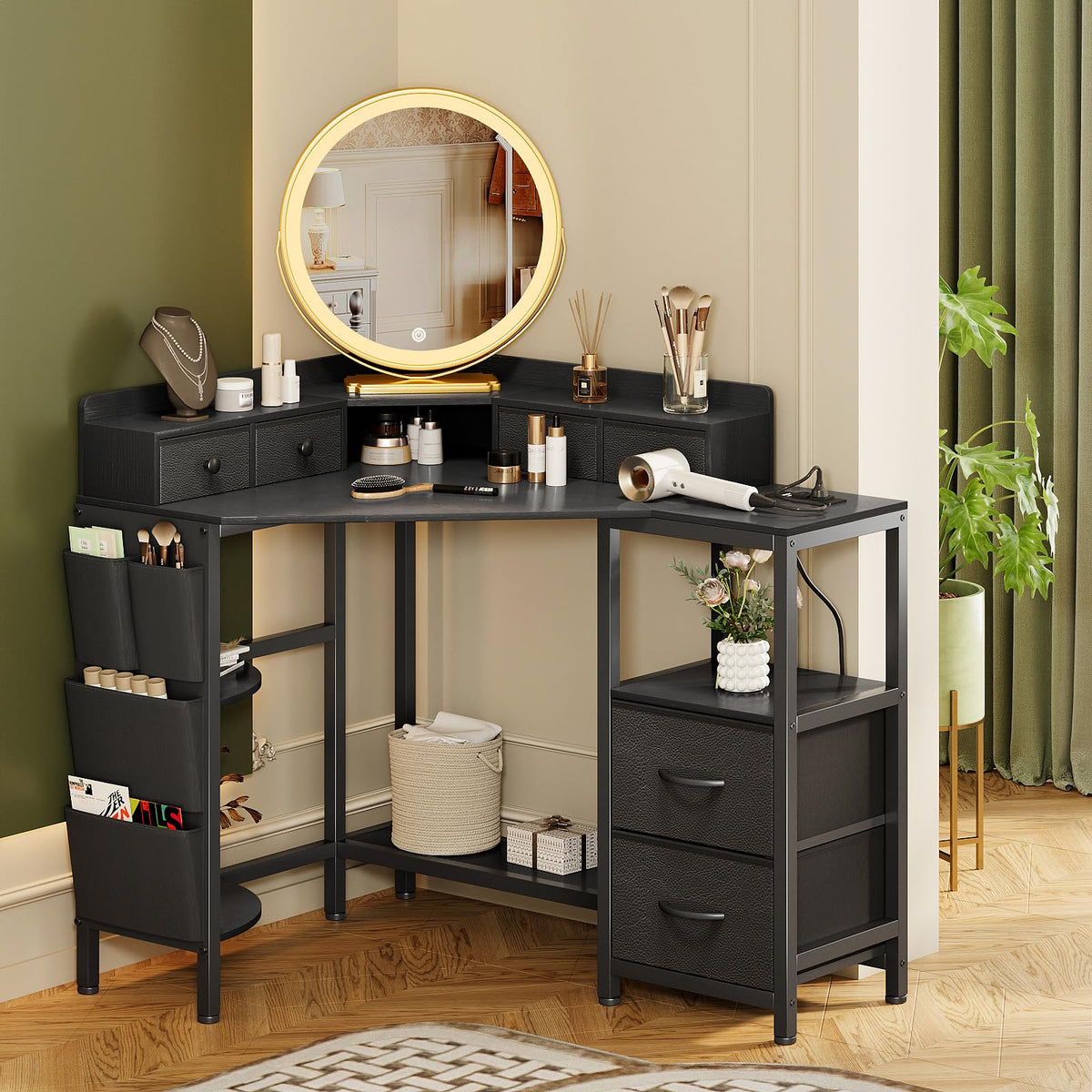 VENNQD Corner Desk with 6 Drawers Shelves for Small Space Computer Desk with Power Outlets,Gaming Desk with Printer Monitor Stand Storage for Home Office Workstation Writing Table