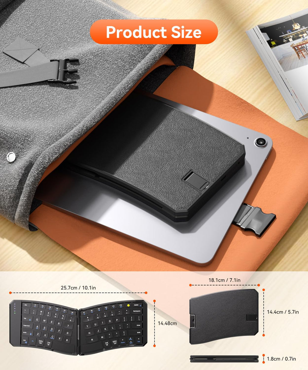 Omikamo Foldable Keyboard, Portable Folding Travel Bluetooth Keyboard for Business and Travel, Dual-Mode Ultra Slim Wireless Keyboards for Windows, iOS, Android, Use on the Leg