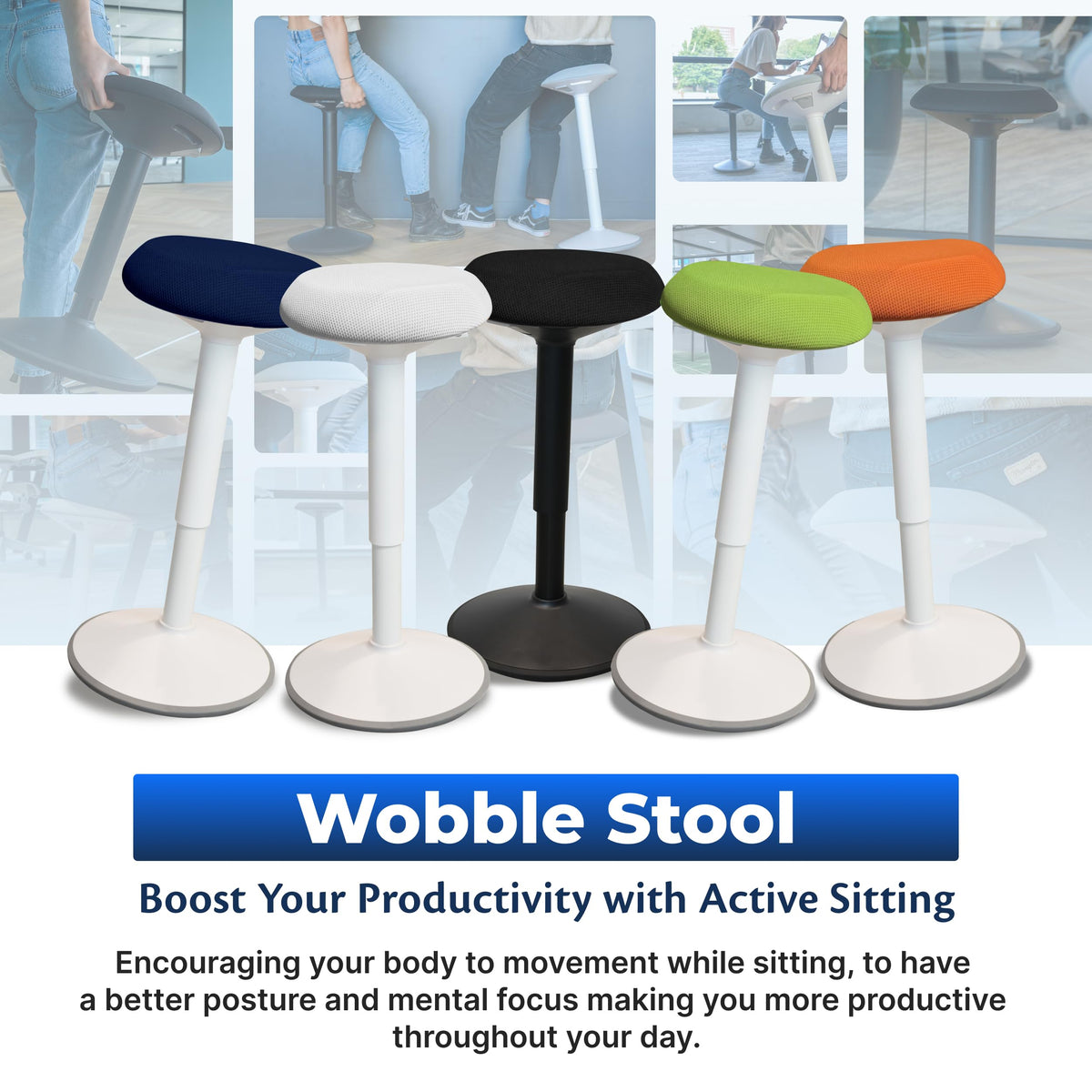 Backerz Standing Desk Stool Chair, Height Adjustable Stool for Office and Classroom, Swivel seat, Anti-Slip Bottom Ergonomic Wobble Stool with Rocking Motion