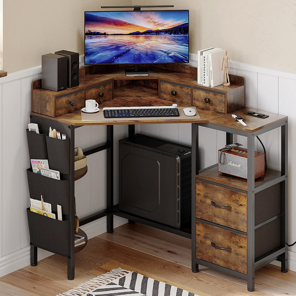VENNQD Corner Desk with 6 Drawers Shelves for Small Space Computer Desk with Power Outlets,Gaming Desk with Printer Monitor Stand Storage for Home Office Workstation Writing Table