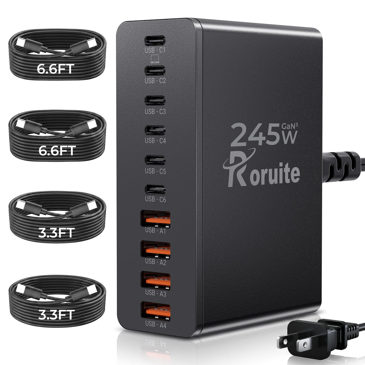 200W Charging Station for Multiple Devices, 10-Port GaN USB C Charger Block, Laptop Fast Charger for iPhone, Galaxy, iPad, Android Black