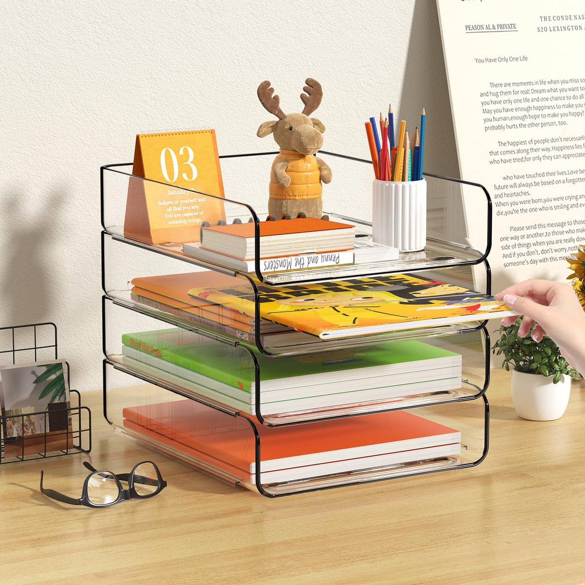 FANXIYQ 4-Tier Acrylic Paper Tray Desk Organizer