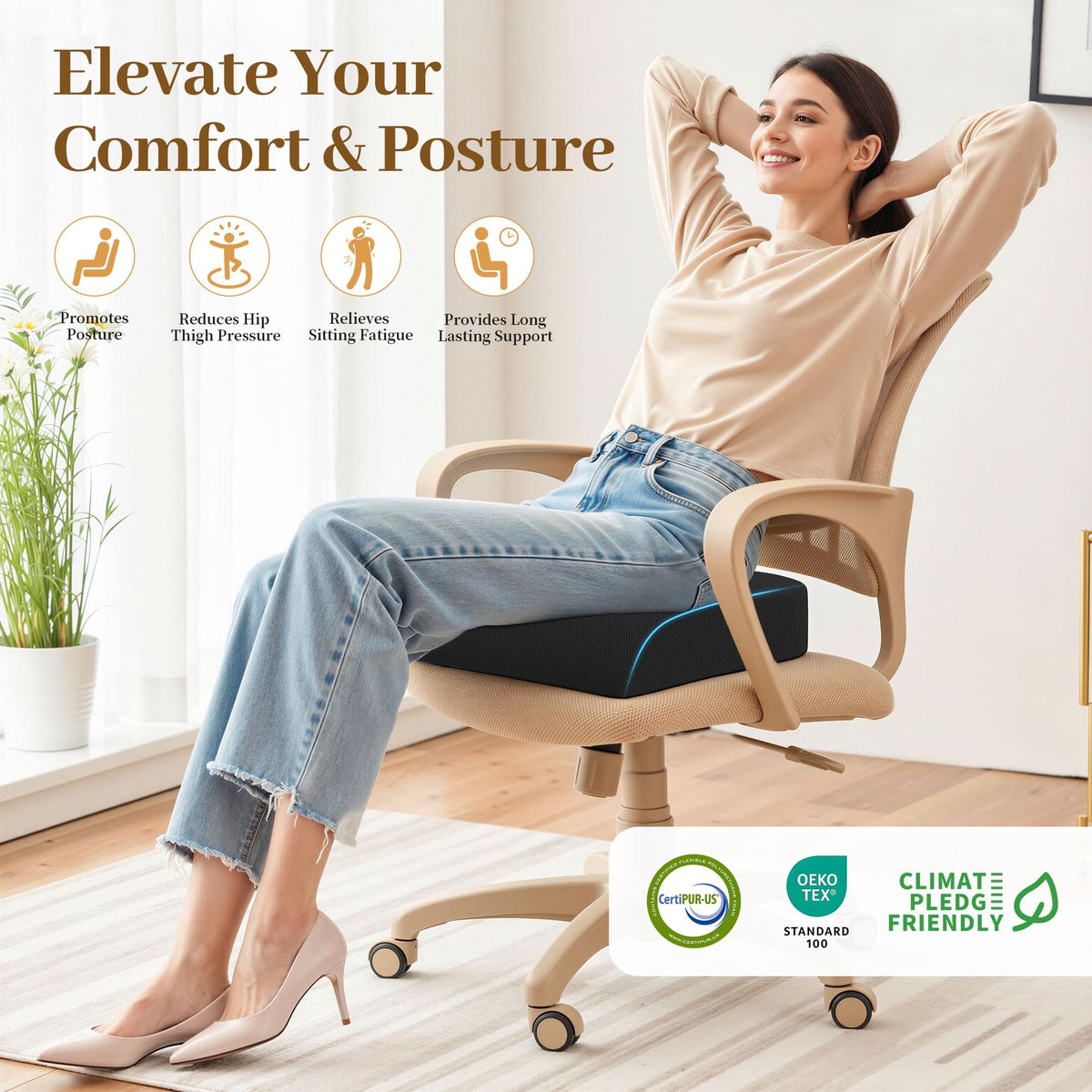 TranquilRelax Memory Foam Office Seat Cushion, 3-Inch Lift