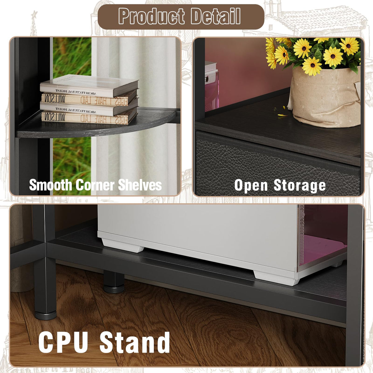 VENNQD Corner Desk with 6 Drawers Shelves for Small Space Computer Desk with Power Outlets,Gaming Desk with Printer Monitor Stand Storage for Home Office Workstation Writing Table