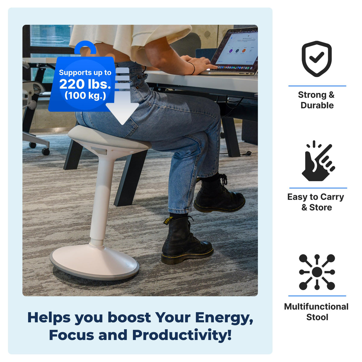 Backerz Standing Desk Stool Chair, Height Adjustable Stool for Office and Classroom, Swivel seat, Anti-Slip Bottom Ergonomic Wobble Stool with Rocking Motion