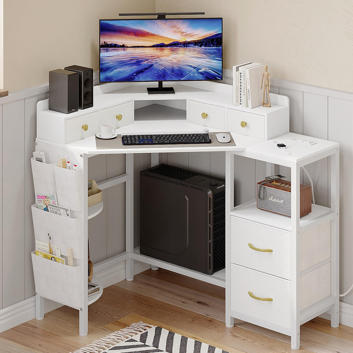 VENNQD Corner Computer Desk with 6 Drawers & Power Outlets