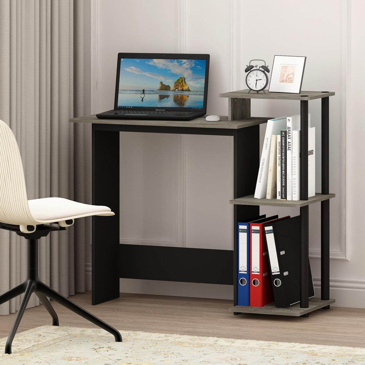 Furinno Compact Computer Desk, Gaming Desk with Shelves, Office Desk with Book Shelf