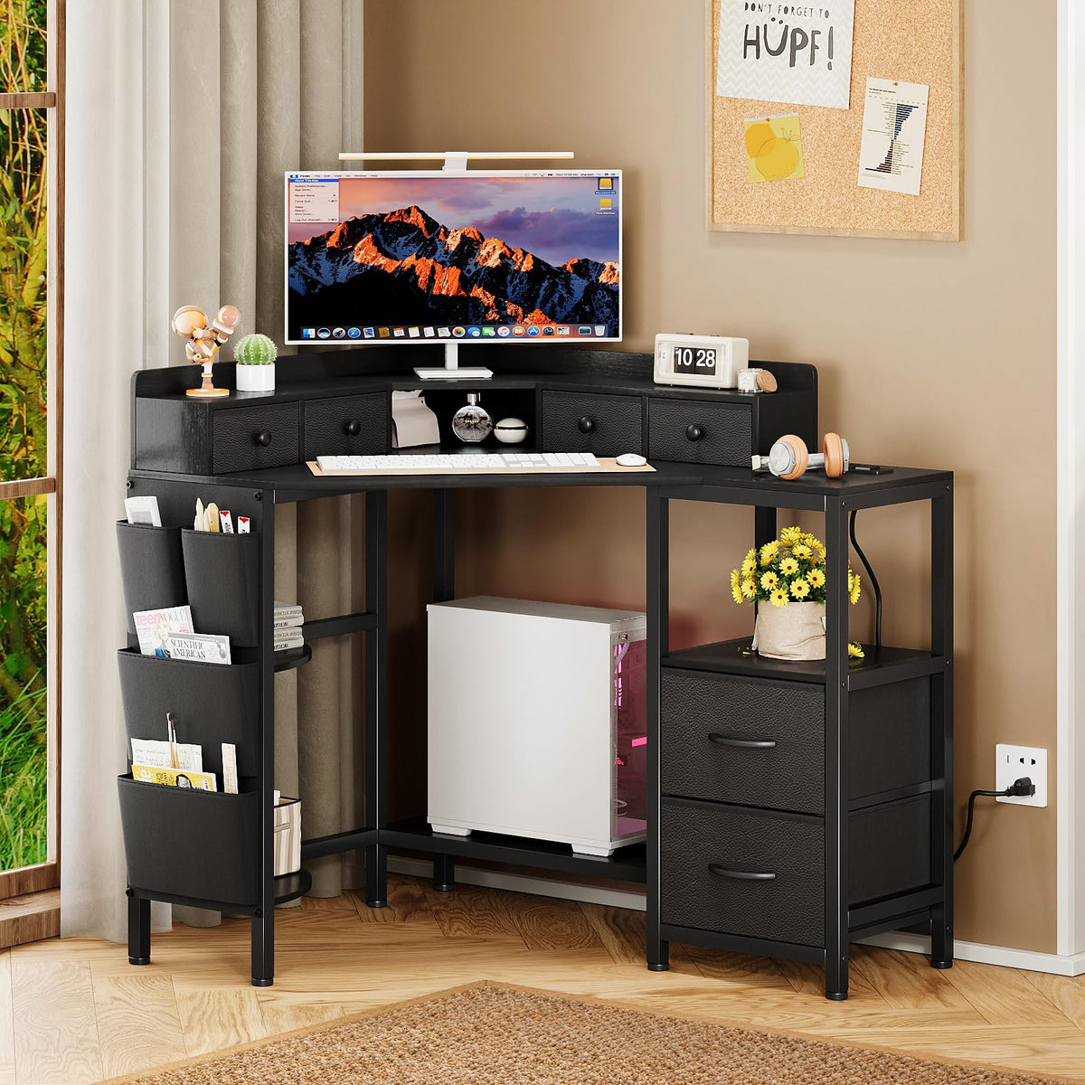 VENNQD Corner Desk with 6 Drawers Shelves for Small Space Computer Desk with Power Outlets,Gaming Desk with Printer Monitor Stand Storage for Home Office Workstation Writing Table
