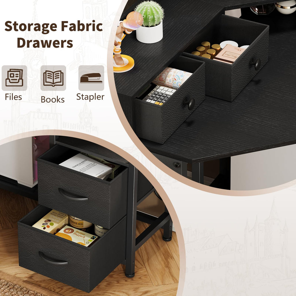 VENNQD Corner Desk with 6 Drawers Shelves for Small Space Computer Desk with Power Outlets,Gaming Desk with Printer Monitor Stand Storage for Home Office Workstation Writing Table