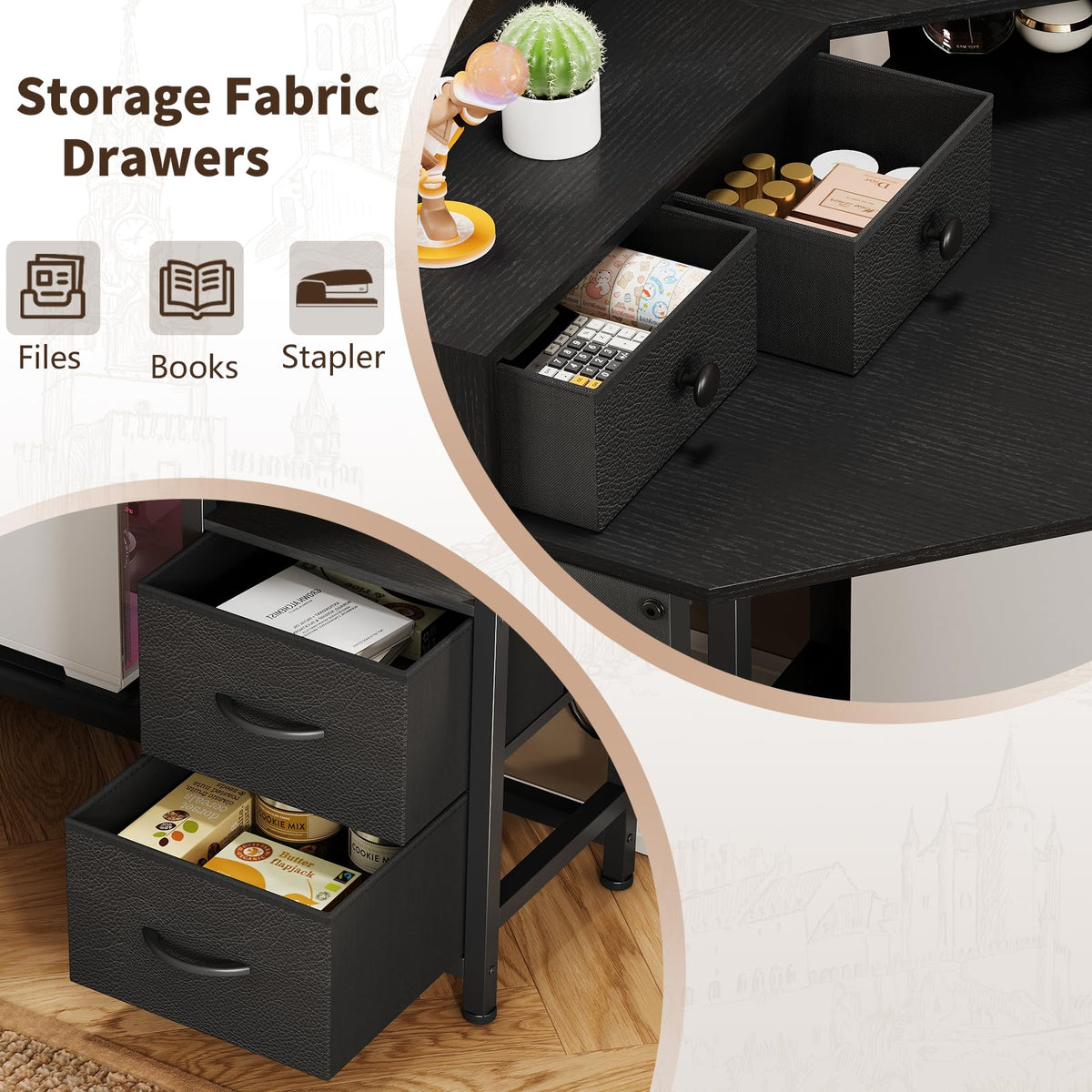 VENNQD Corner Desk with 6 Drawers Shelves for Small Space Computer Desk with Power Outlets,Gaming Desk with Printer Monitor Stand Storage for Home Office Workstation Writing Table