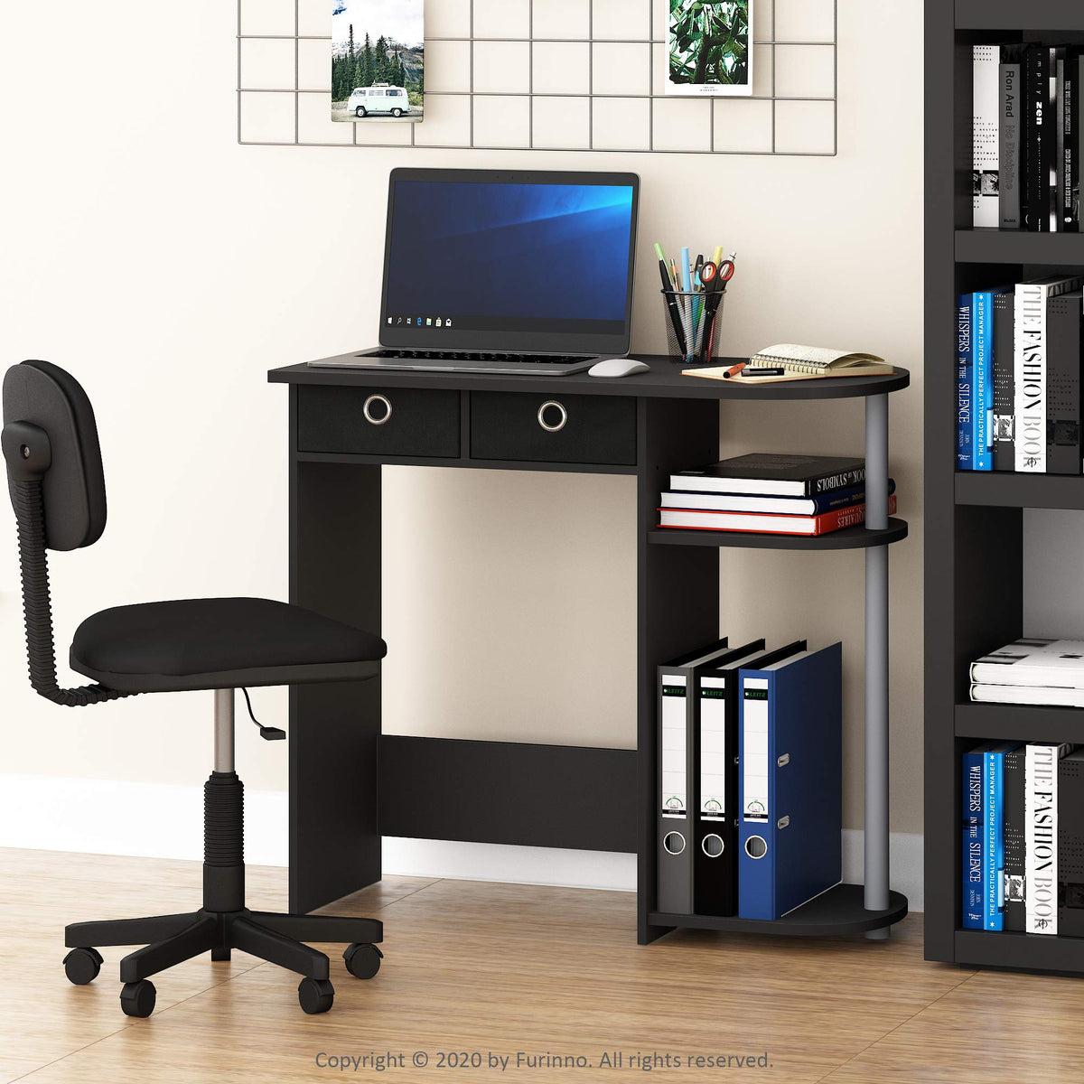 Furinno Compact Computer Desk, Gaming Desk with Shelves, Office Desk with Book Shelf