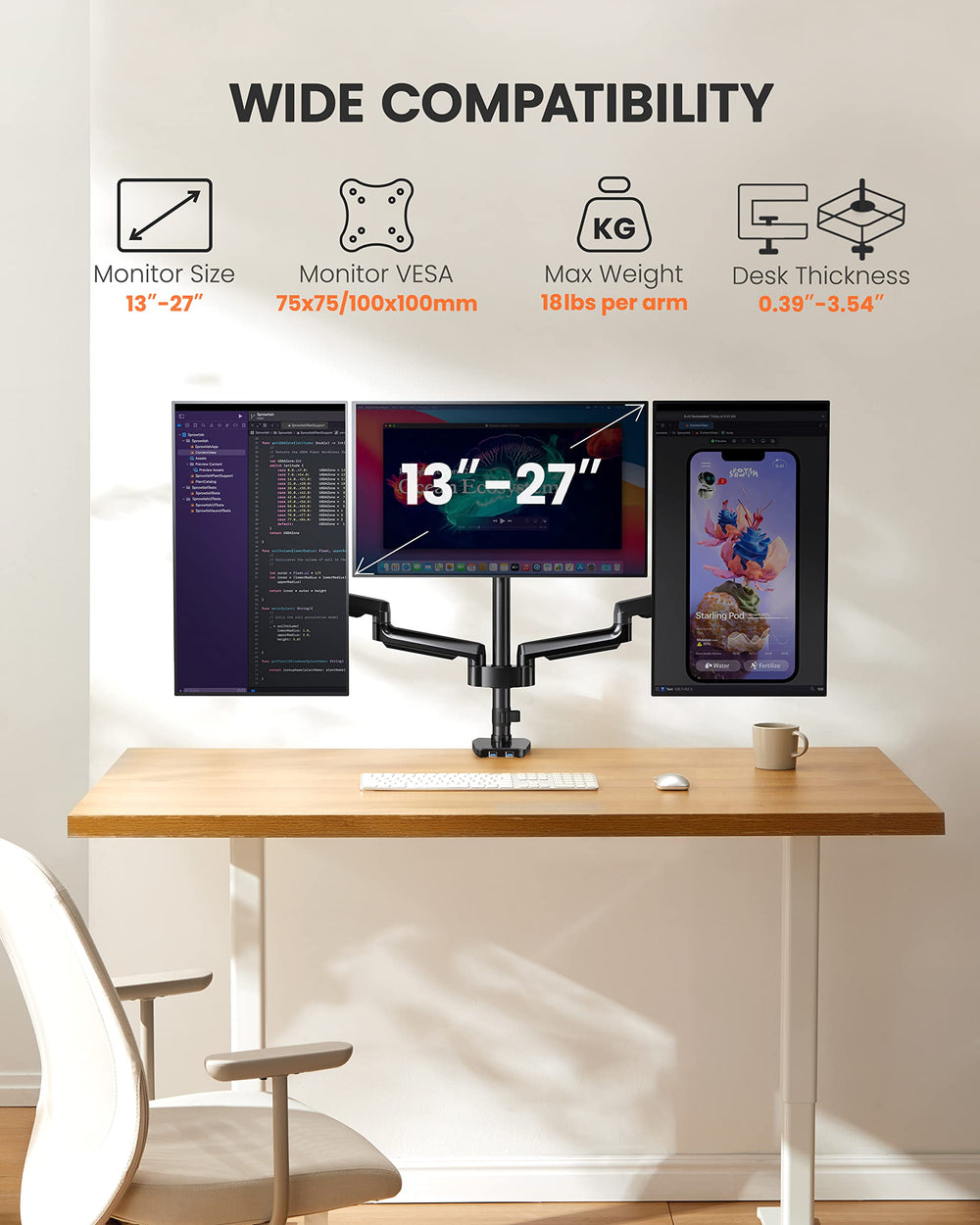 ErGear Fully Adjustable Triple Monitor Arm Mount
