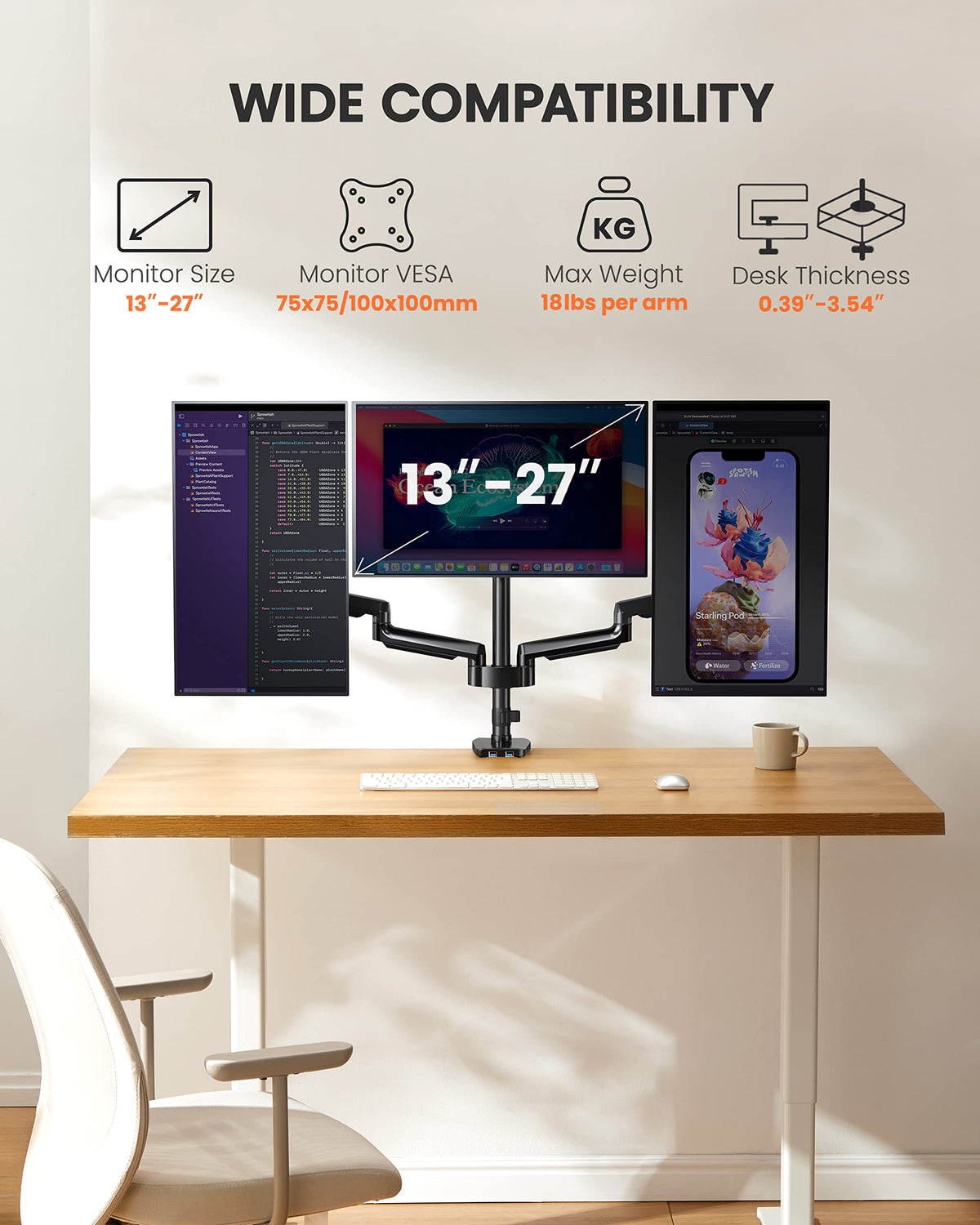ErGear Triple Monitor Arm, Fully Adjustable Monitor Mount