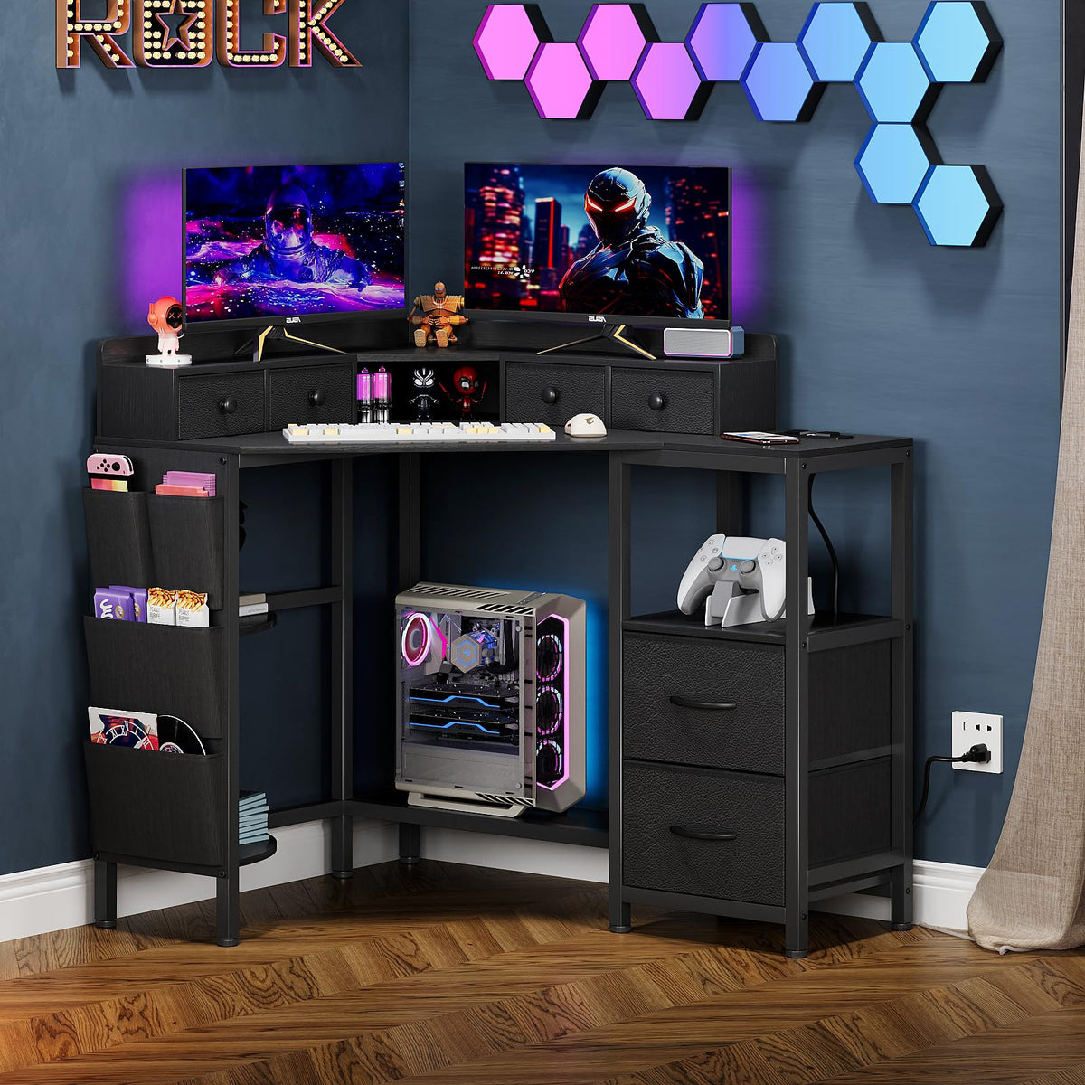 VENNQD Corner Computer Desk with 6 Drawers & Power Outlets
