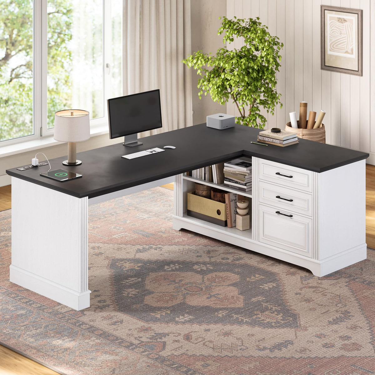 SEDETA Corner Computer Desk with Drawers & Storage Shelves