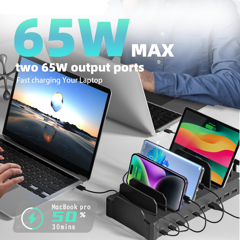 320W Charging Station for Multiple Devices, Zobirez 10-Port USB C Fast Charger Stations for MacBook, iPhone, Android Cell Phone, iPad, Tablet Family Multi-Device Organizer Charging Dock