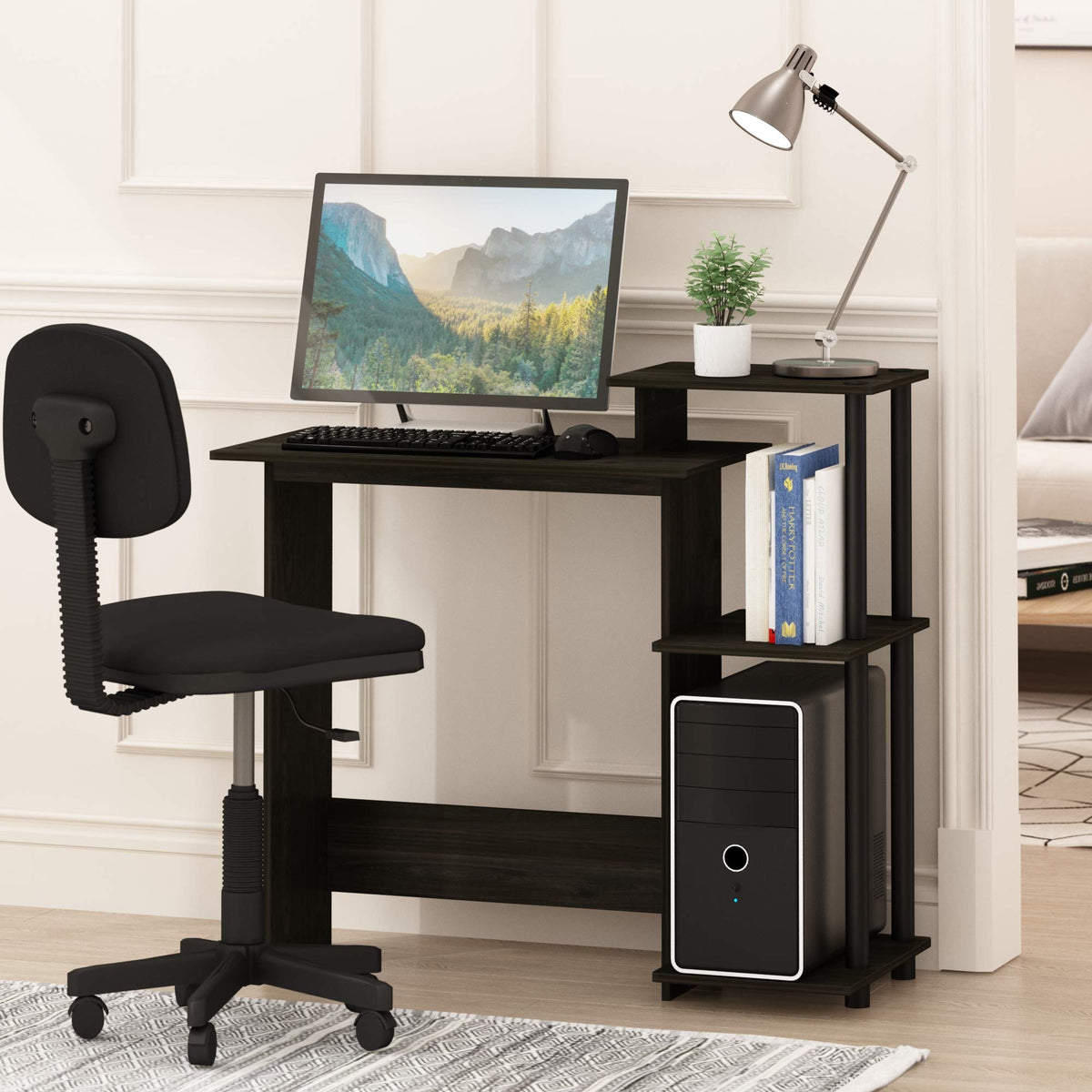 Furinno Compact Computer Desk, Gaming Desk with Shelves, Office Desk with Book Shelf