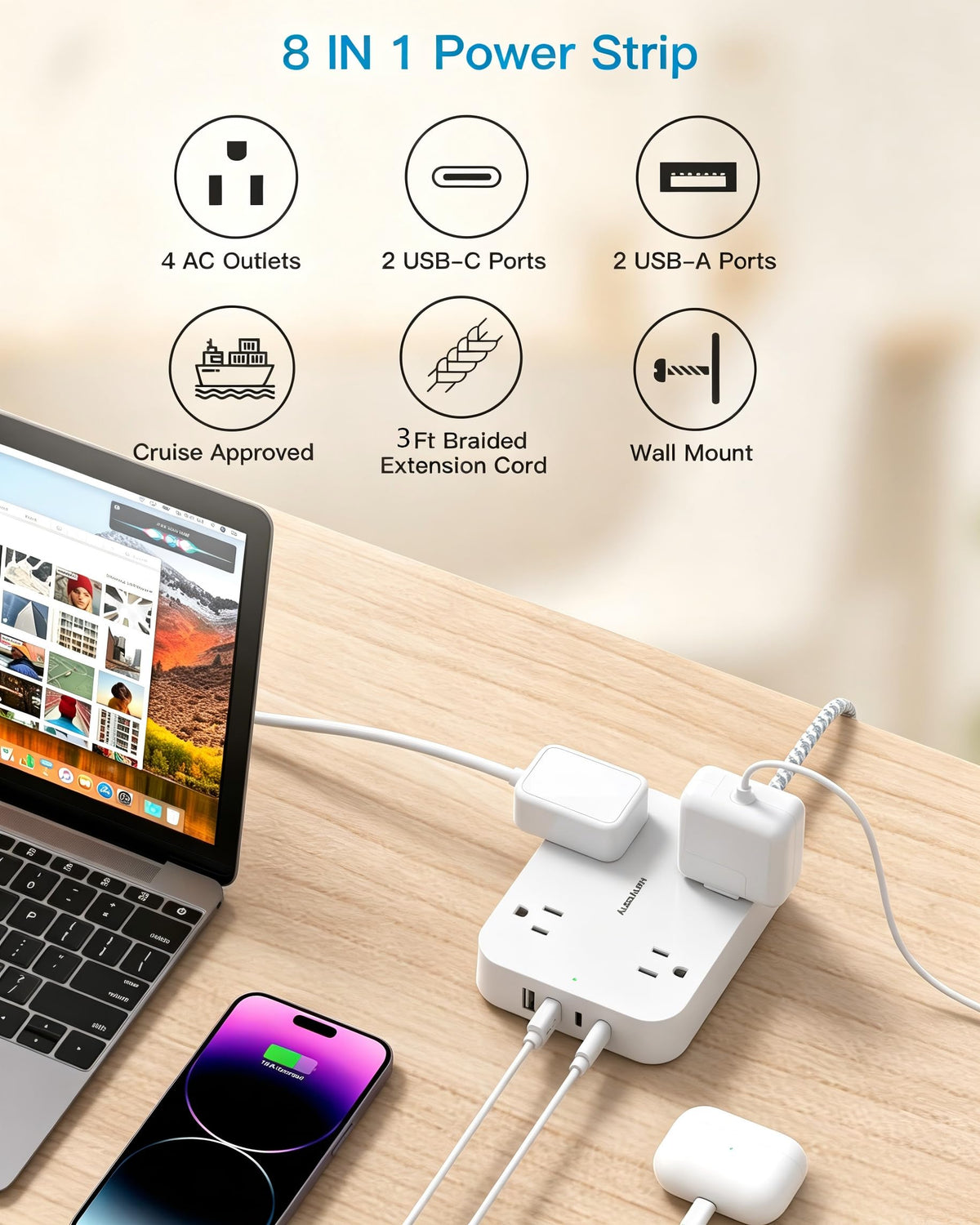 Flat Plug Power Strip with 4 USB Ports, 2 USB-C & 4 Outlets